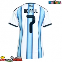 Camisa de Futebol Argentina Rodrigo De Paul #7 Equipamento Principal Mulheres Mundo 2026 Manga Curta